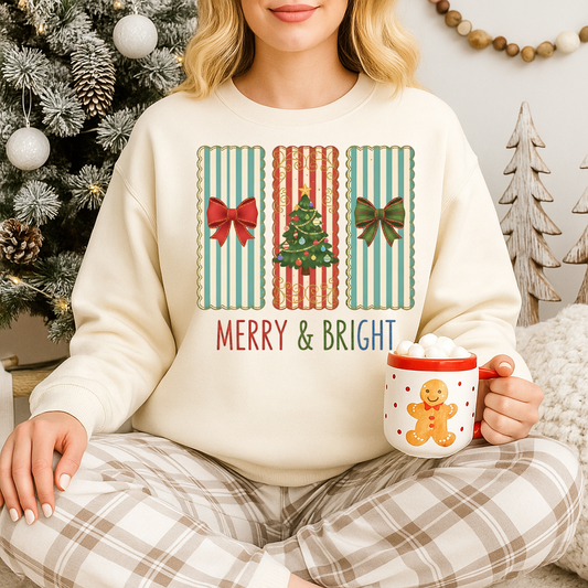 DTF Transfer – Retro Merry & Bright With Christmas Tree & Bows
