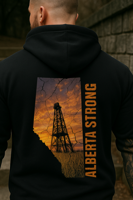 T-Shirt Hoodie Crewneck Alberta Strong Hoodie – Oil Rig Silhouette in Sunset Design