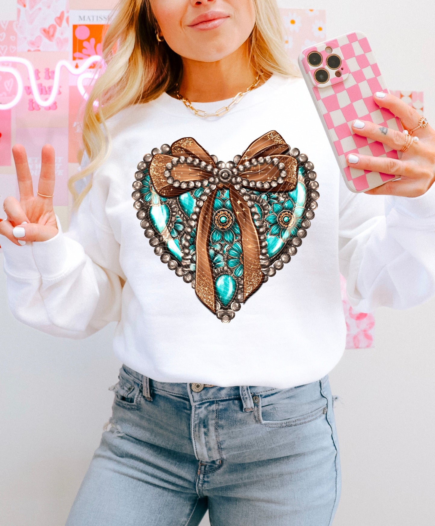 Sweatshirt T-Shirt Crewneck BOHO - Turquoise Concho Heart Sleeves Offered