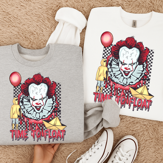 DTF Transfer – “Time to Float” Horror Clown Design  Red Balloon  Paper Boat  Halloween