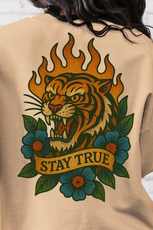 T-Shirt Sweatshirt Crewneck Stay True – Fierce Tiger with Flames and Floral Back Print Design