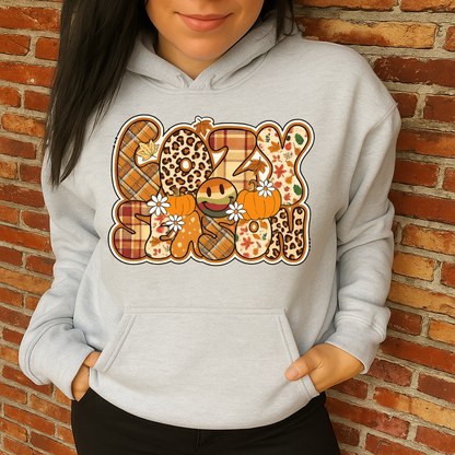 T-Shirt Hoody Cozy Season – Fall Patchwork with Leopard, Plaid, Pumpkins & Smiley Face