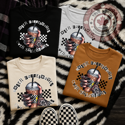 T-Shirt Or Hoodie Under Caffeinated Over Stimulated – Tattoo Hand & Iced Coffee Design