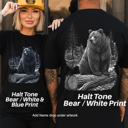 a woman wearing a black t-shirt with a black and white bear graphic on it.