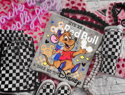 DTF Transfer Funny Mouse Design Give Me a Red Bull Coffee & Take Me to Dis