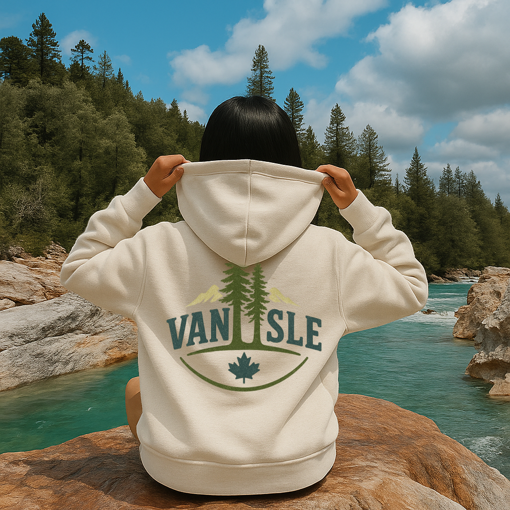 T-Shirt  Or Hoodie  Van Isle – Vintage Trees, Maple Leaf & Mountain Design
