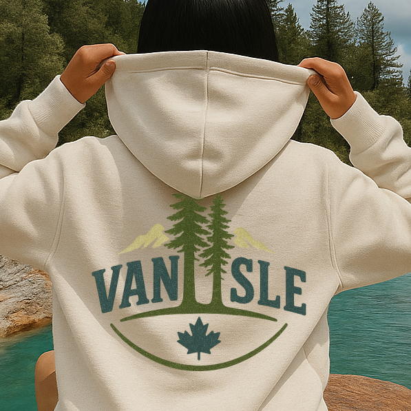 T-Shirt  Or Hoodie  Van Isle – Vintage Trees, Maple Leaf & Mountain Design