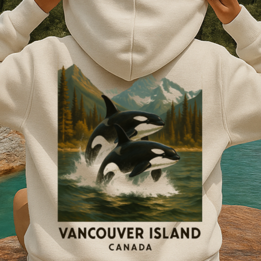 T-Shirt  Or Hoodie  – Vancouver Island Orcas Jumping with Mountain Backdrop