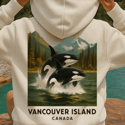 T-Shirt  Or Hoodie  – Vancouver Island Orcas Jumping with Mountain Backdrop