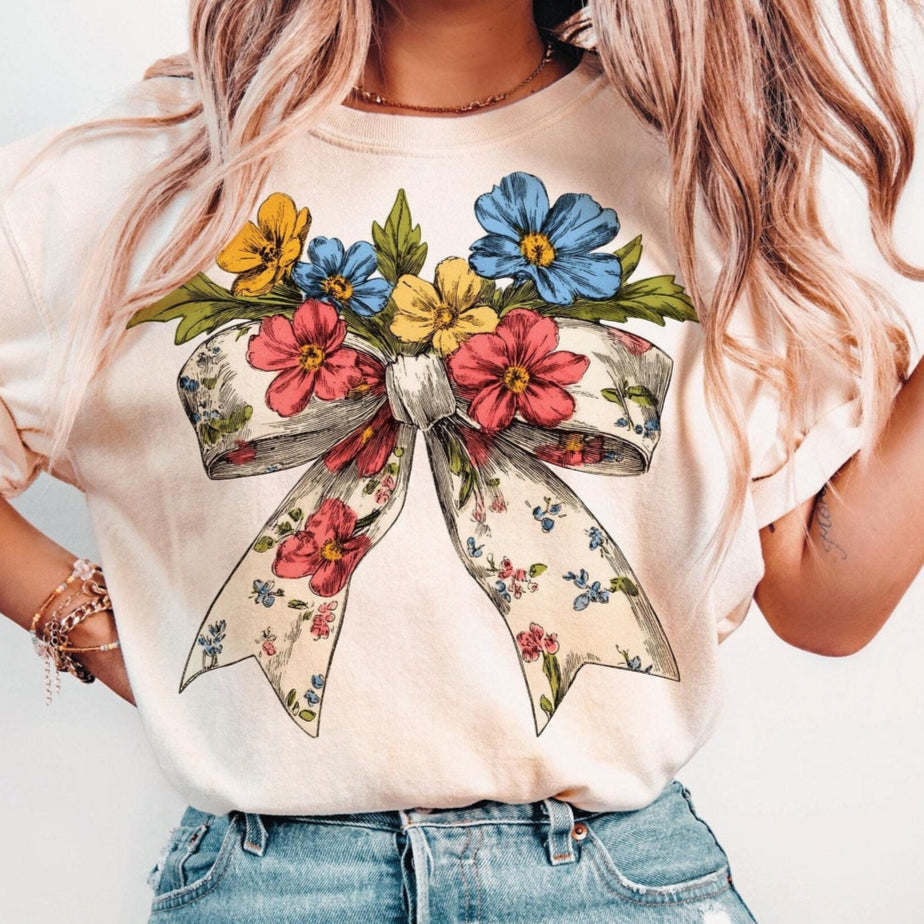 T-Shirt Sweatshirt Hoodie  Vintage Floral Bow Spring Wildflower Design Crewneck