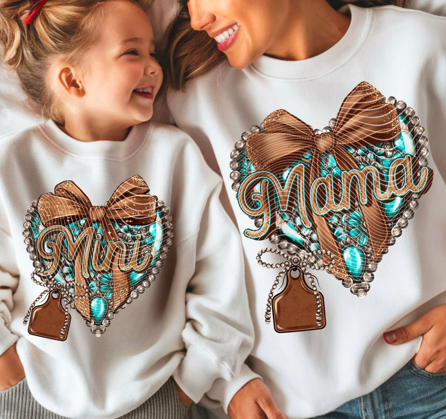 Sweatshirt T-Shirt Crewneck BOHO - Mama & Mini Turquoise Hearts