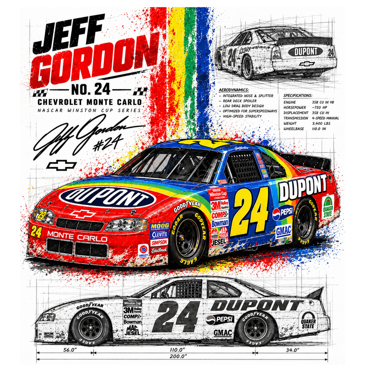 Jeff Gordonn No. 24 Rainbow Blueprint halftone DTF transfer artwork for white garments only