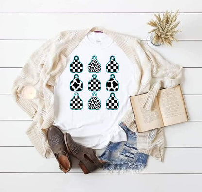T-Shirt Sweatshirt Crewneck Ear Tag Pattern Grid – Checker, Cow Print & Leopard Mix