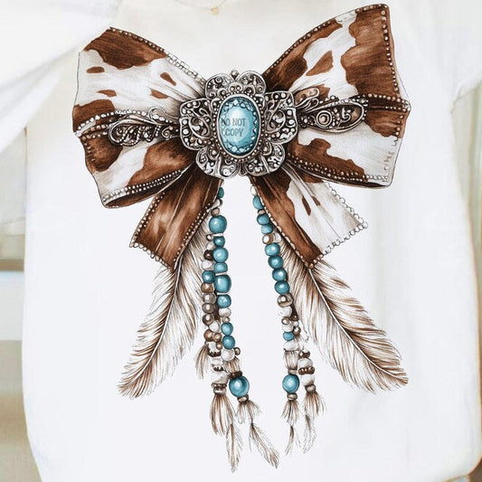 T-Shirt Sweatshirt Hoodie Western Cowhide Bow with Turquoise & Feathers Crewneck