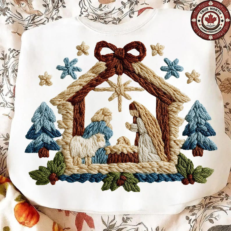 Sweatshirt Hoodie Crewneck Wool Effect Nativity Scene Christmas