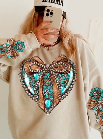 Sweatshirt T-Shirt Crewneck BOHO - Turquoise Concho Heart Sleeves Offered