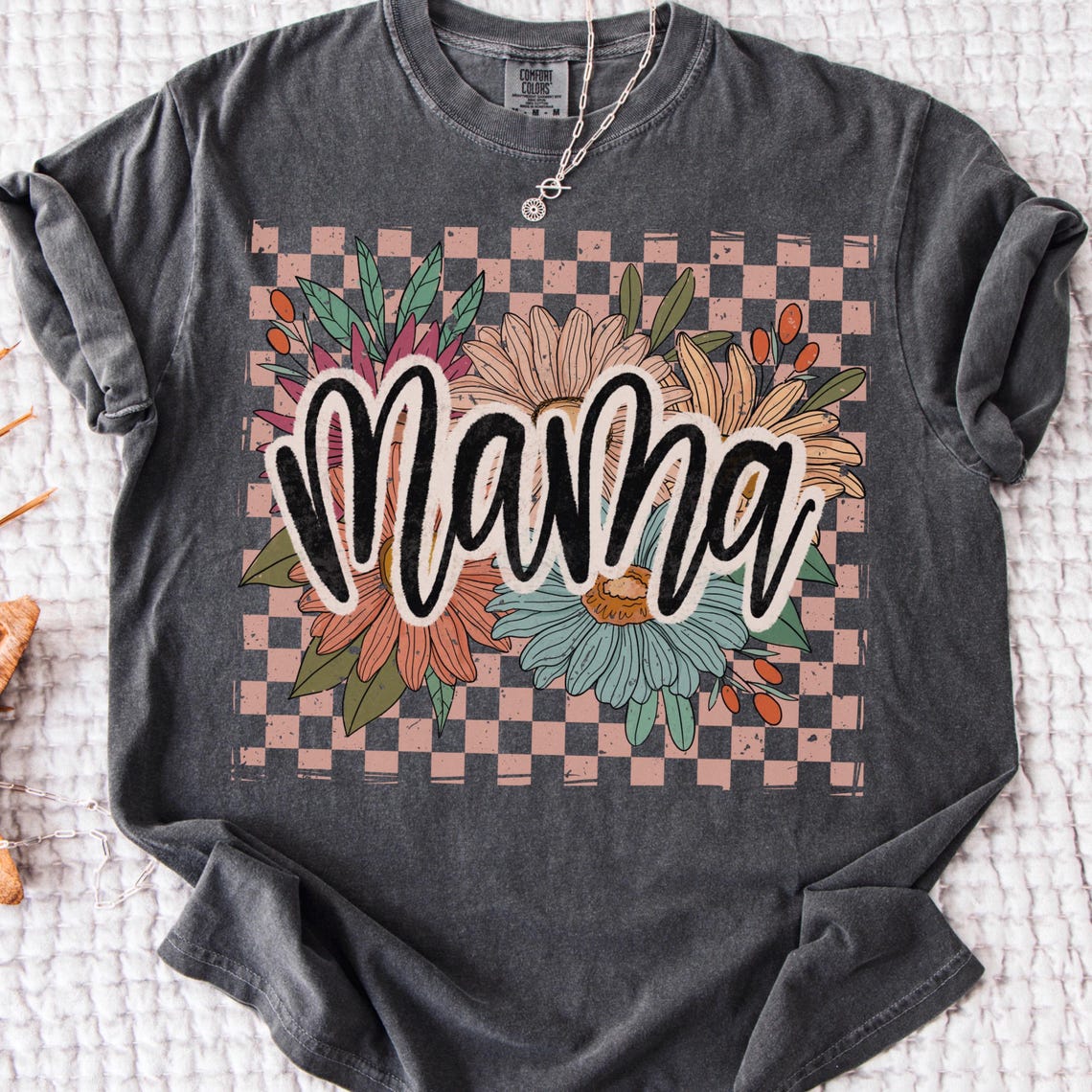 T-Shirt Sweatshirt Hoodie  Mama Checkered Floral Boho Retro Design Crewneck