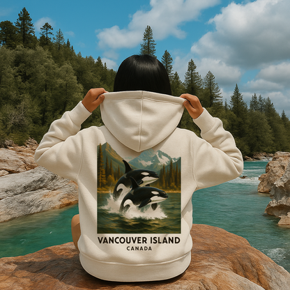 T-Shirt  Or Hoodie  – Vancouver Island Orcas Jumping with Mountain Backdrop