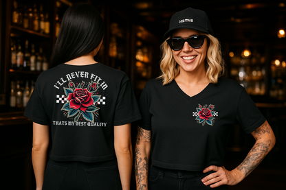T-Shirt  Or Hoodie  I’ll Never Fit In – Rose & Checkered Flag Tattoo-Style Crop Tee Design