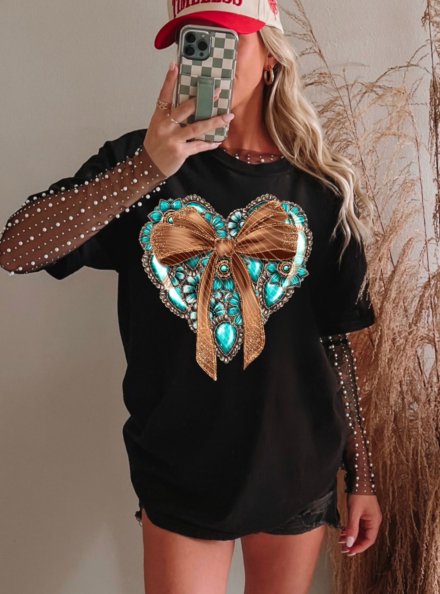 Sweatshirt T-Shirt Crewneck BOHO - Western Turquoise Heart Bows Sleeve Print Offered