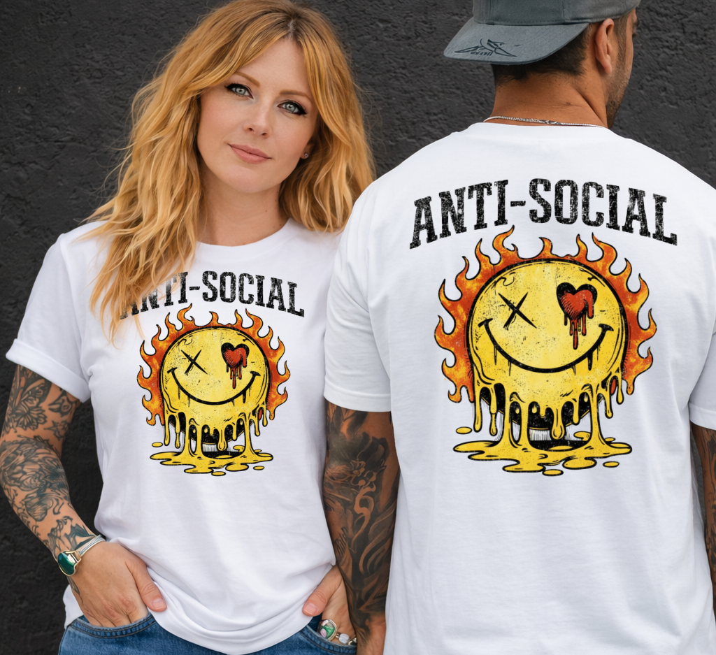 DTF Transfer Anti-Social Melting Smiley Flame Grunge