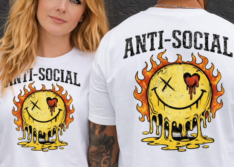 DTF Transfer Anti-Social Melting Smiley Flame Grunge