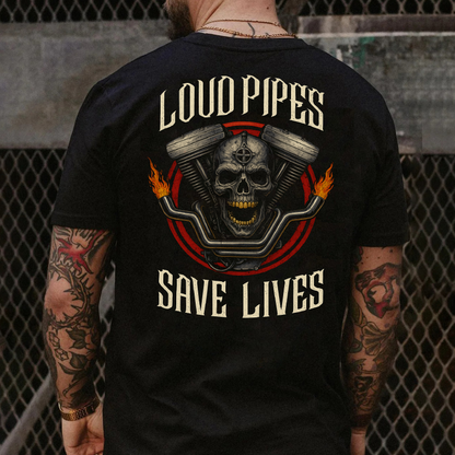 DTF Transfer – Loud Pipes Save Lives Skull Engine Design
