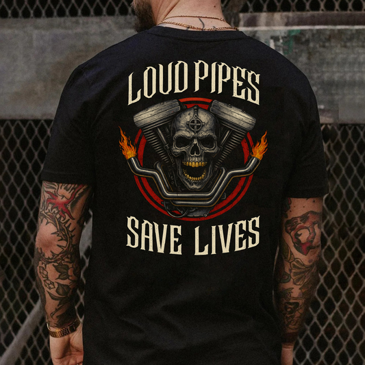 DTF Transfer – Loud Pipes Save Lives Skull Engine Design