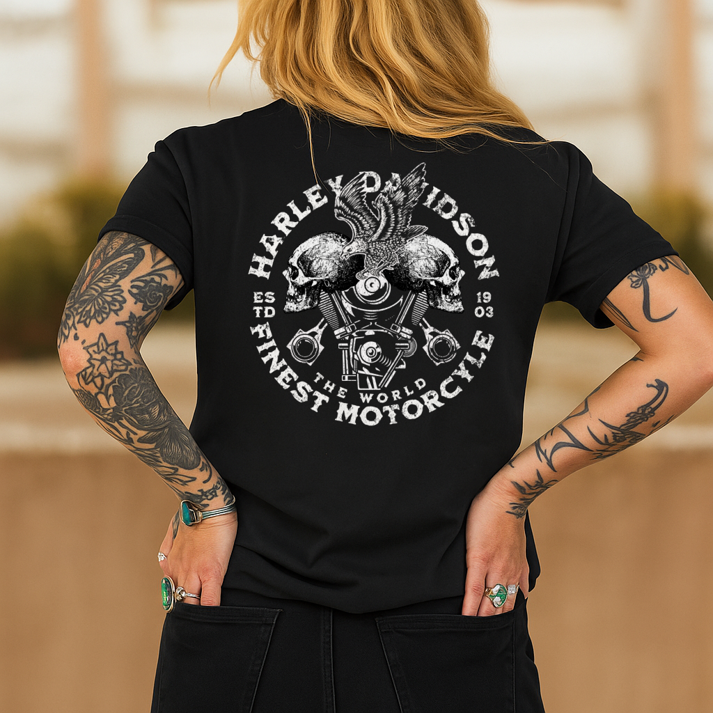 T-Shirt Crewneck Motorcycle Engine Winged Skulls