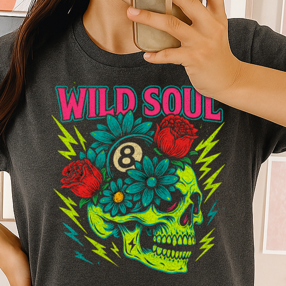 T-Shirt Sweatshirt Wild Soul – Neon Skull, Flowers & Lightning Tattoo Style