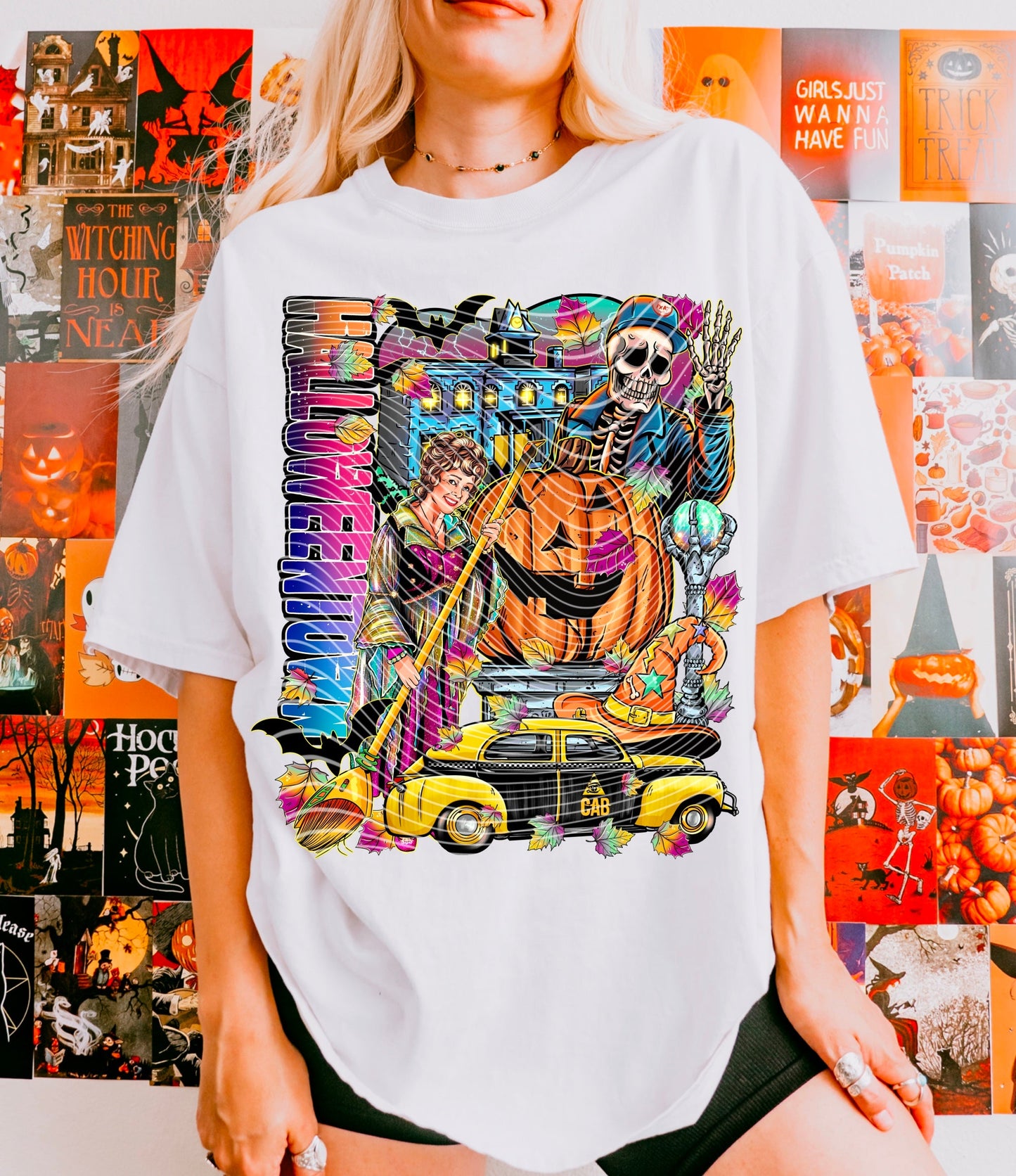 T-Shirt Crewneck Hoody – Halloween Town Taxi Ride with Skeleton, Pumpkin