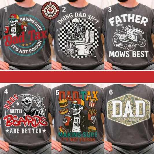 The image is a collage of six t-shirt designs featuring various humorous and dad-themed graphics.