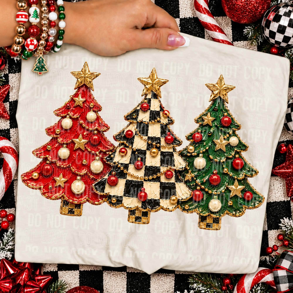 Ornate Red Green and Checkerboard Christmas Trees printed garment design preview