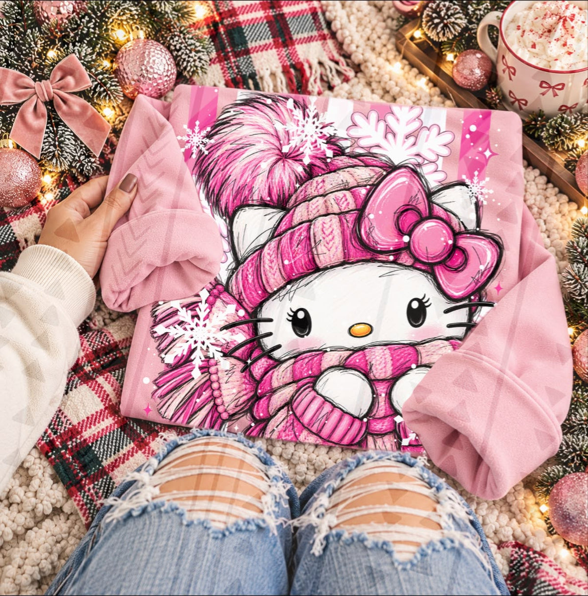 Helloo Kitty Pink Winter Snowflakes – garment mockup showing the transfer design; garment not included