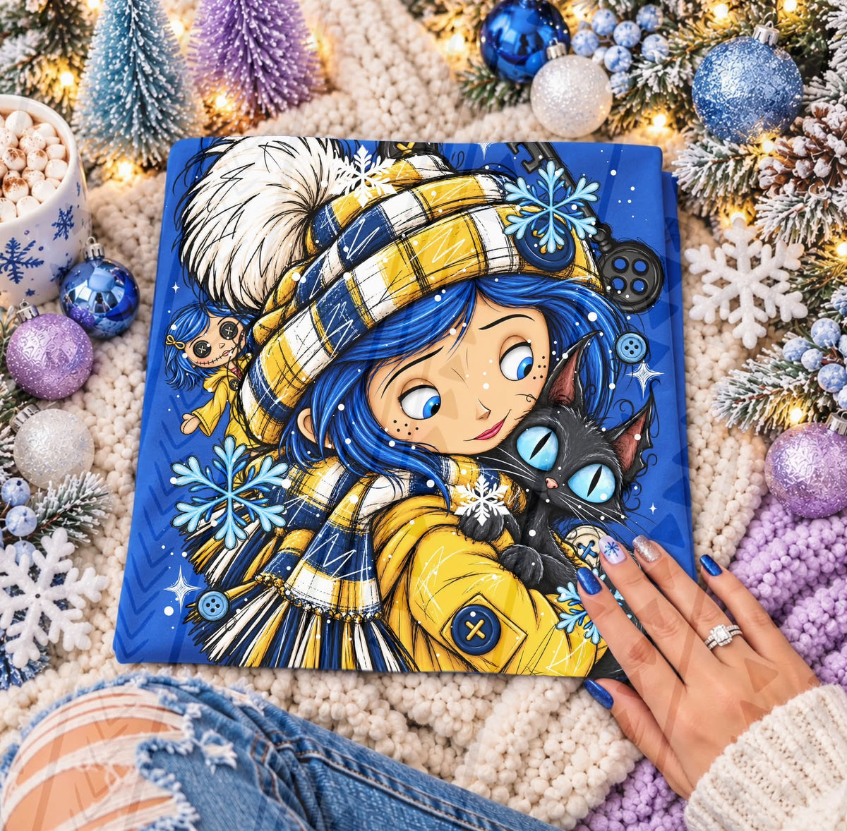 Coralinee Winter Girl and Black Cat – garment mockup showing the transfer design; garment not included