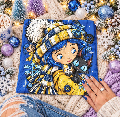 Coralinee Winter Girl and Black Cat – garment mockup showing the transfer design; garment not included