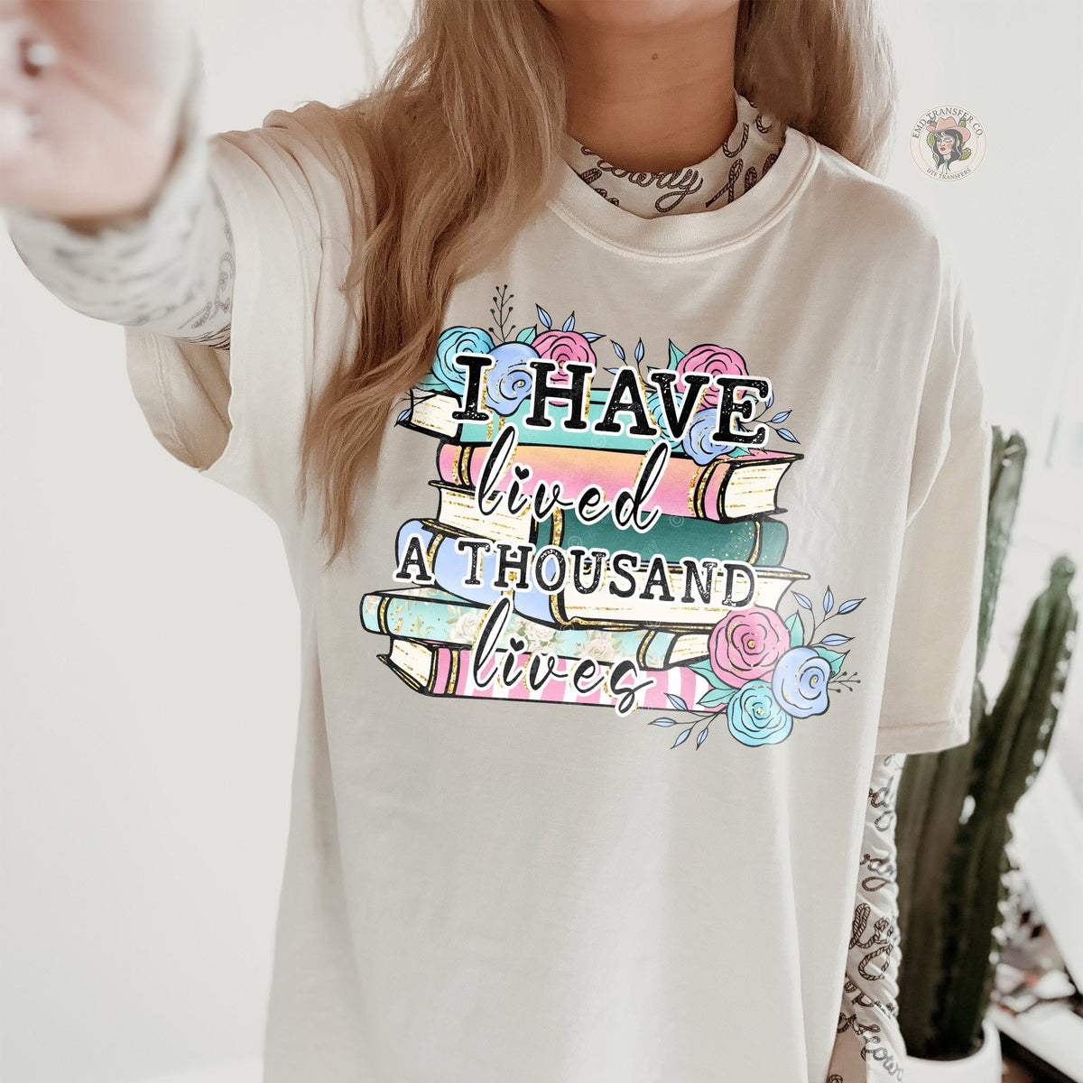 I Have Lived a Thousand Lives – Floral Books DTF transfer design preview; garment not included