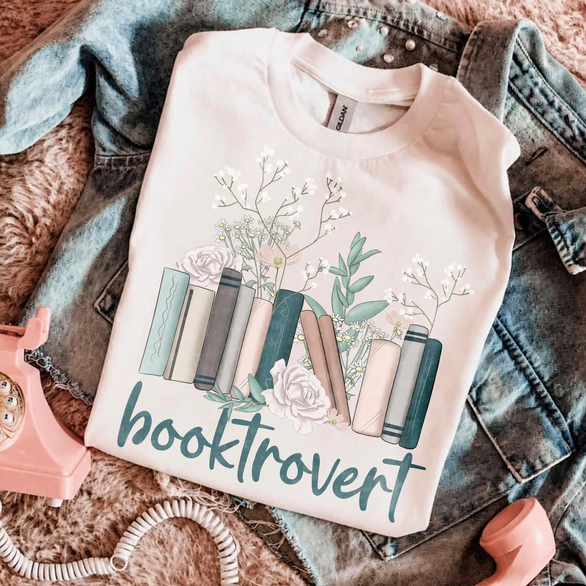 Booktrovert – Floral Bookshelf DTF transfer design preview; garment not included
