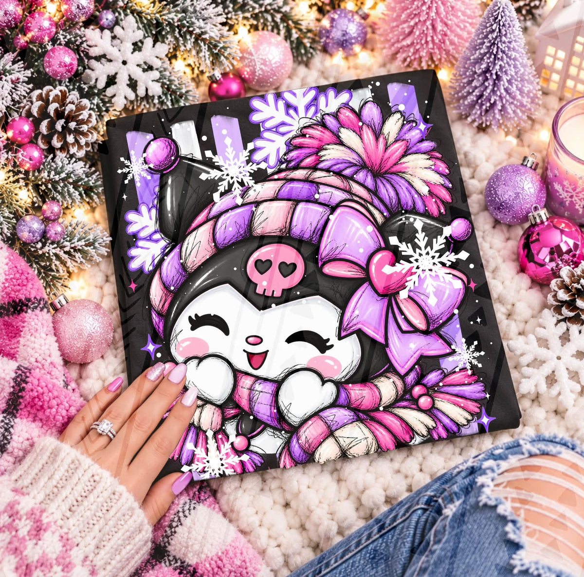 Kuromii Pink and Purple Winter Snowflakes DTF transfer design preview; garment not included
