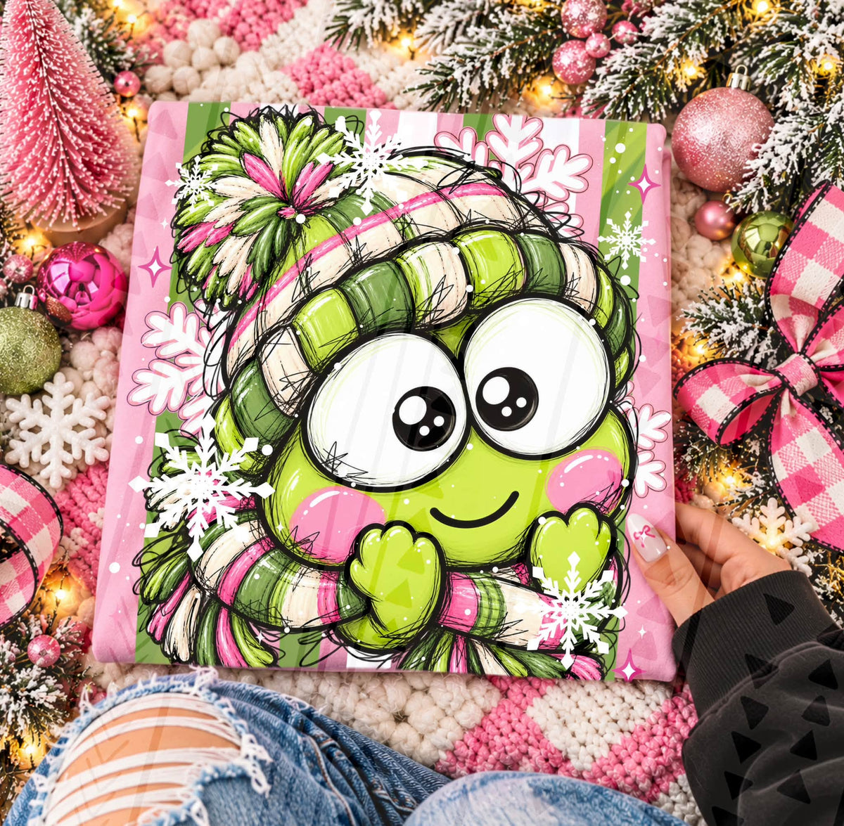 Keroppii Green and Pink Winter Snowflakes DTF transfer design preview; garment not included