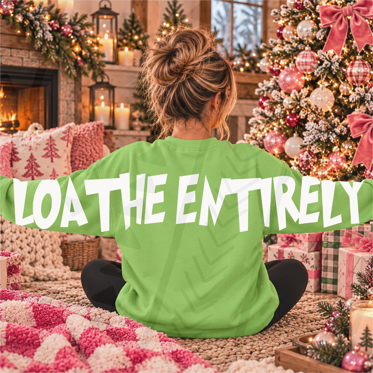 Loathe Entirely white DTF lettering across the back and sleeves of a green sweatshirt, garment not included