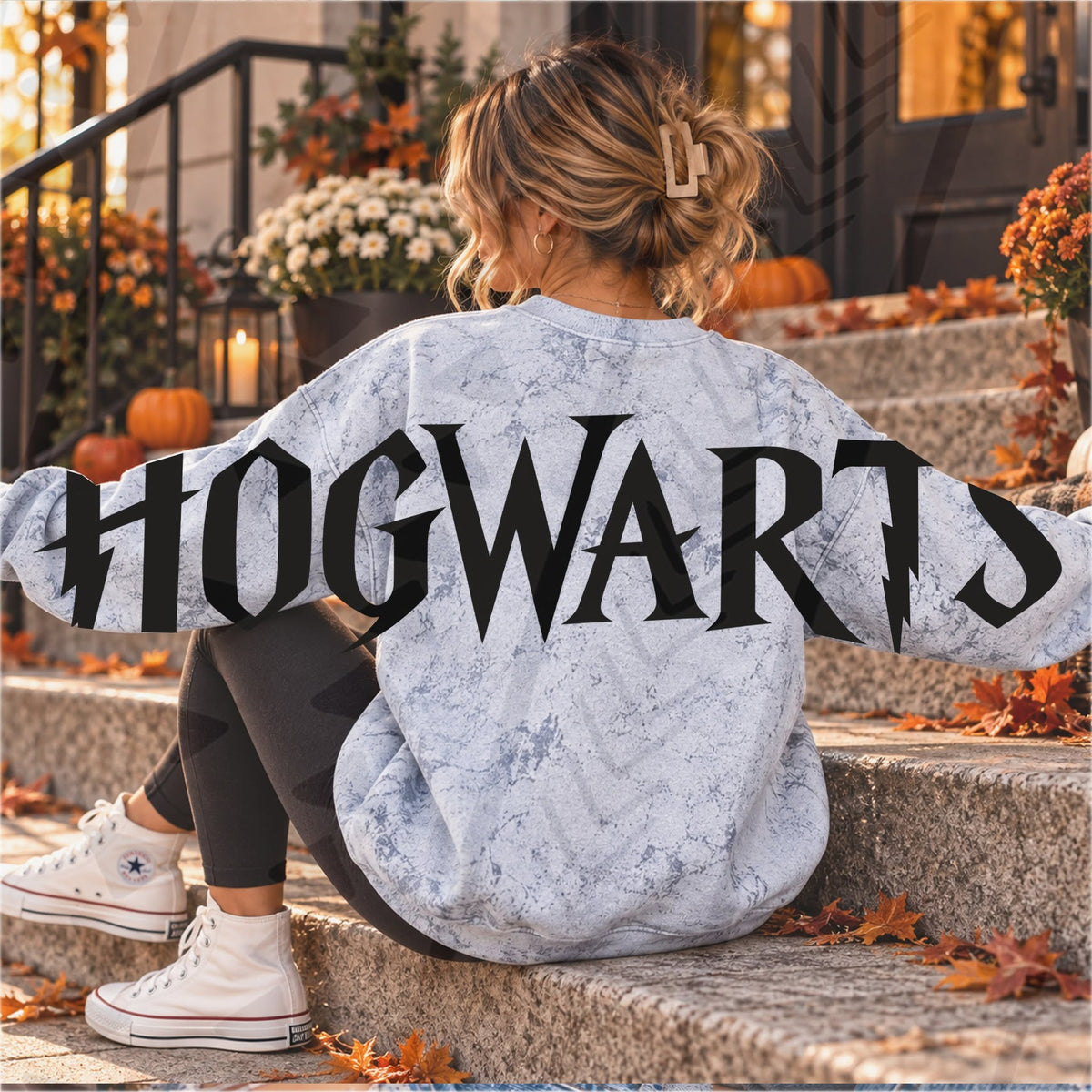 Black Hogwarts-style lettering across grey sweatshirt; mockup may differ from HOGGWARTTS spelling in title; garment not included