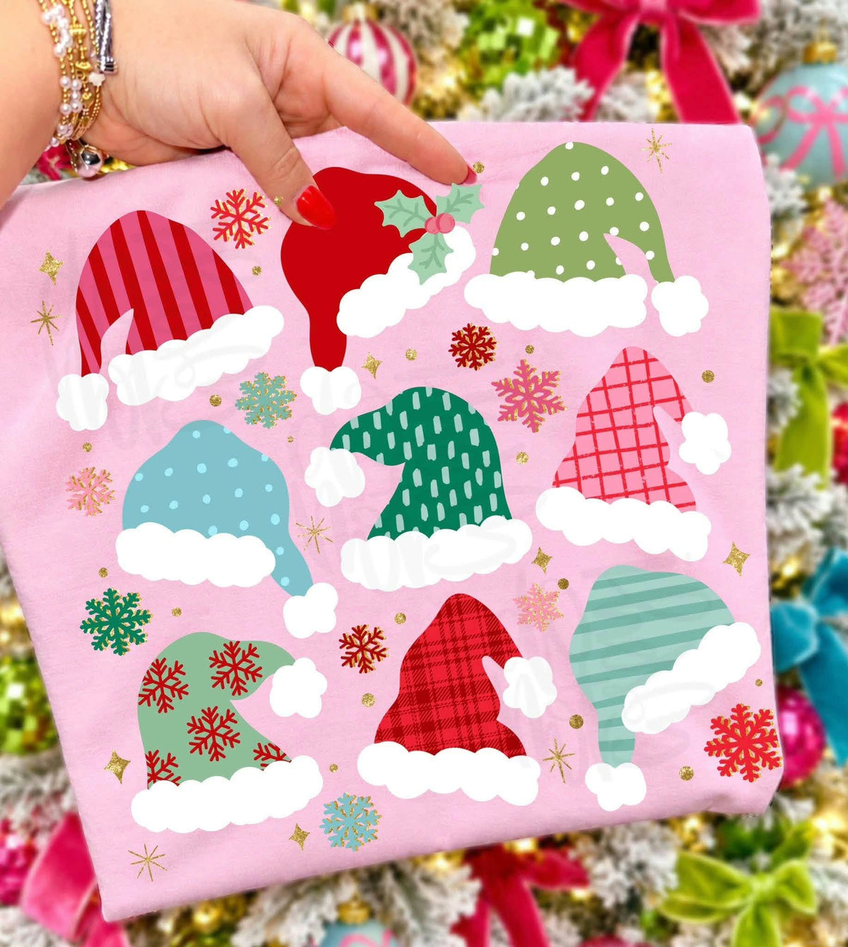 Patterned Santa Hats and Snowflakes printed garment design preview