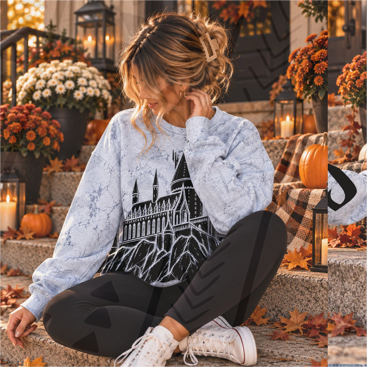 Detailed dark gothic castle silhouette, displayed on a light patterned sweatshirt.