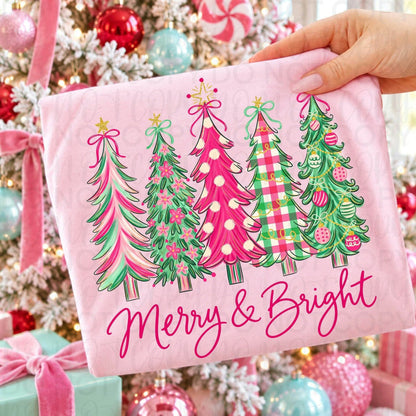 Merry & Bright Pink and Green Christmas Trees printed garment design preview