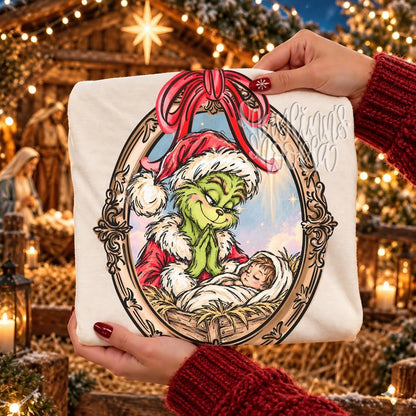 Green Christmas Character Praying at the Manger printed garment design preview