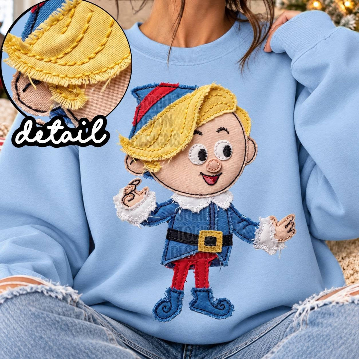 Blond Christmas Elf in Blue DTF transfer garment mockup