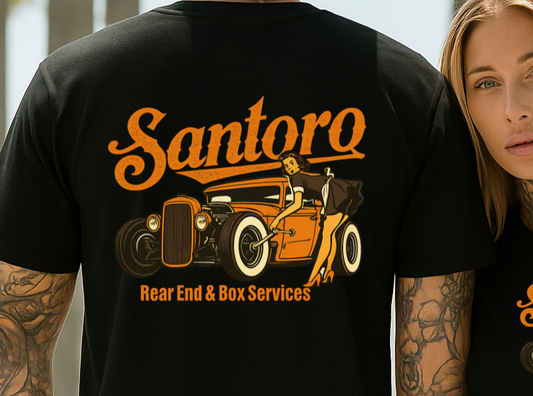 Two people wearing black t-shirts with 'Santoro' logo and vintage car illustration.