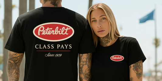 Two people wearing black t-shirts with Peterbilt logo and text.