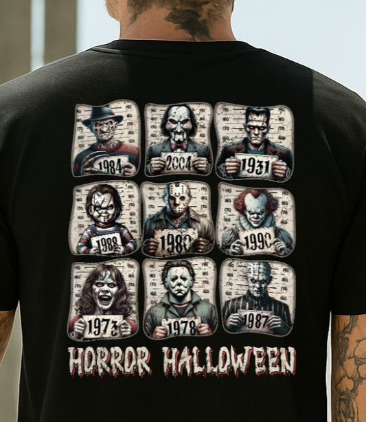 Two people wearing black t-shirts with 'Horror Halloween' design, one on the back and one on the front.